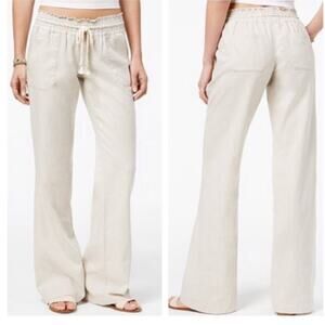Roxy Oceanside Pants Khaki Beige Tan Loose Low Rise Cargo Linen Trouser Size XL